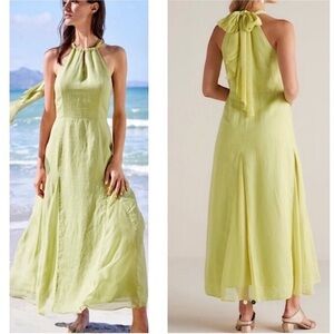 Soft Surroundings Soliloquy Linen Halter Maxi Dress in Linden Green Lined Sz XL